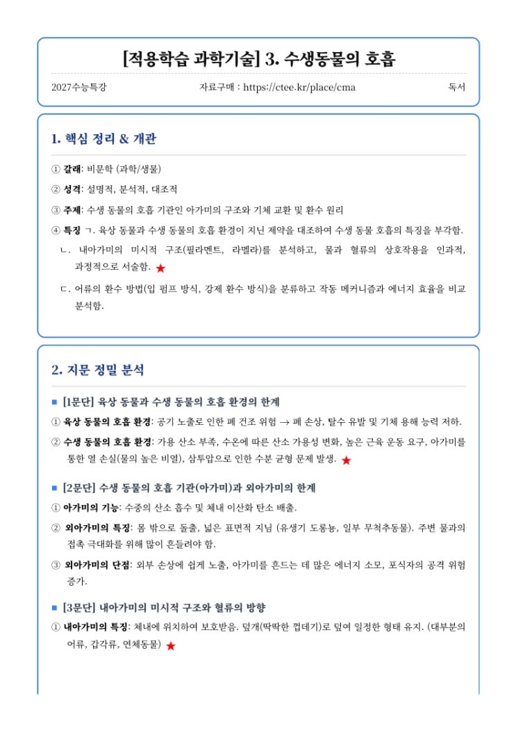  2027수능특강 독서 [적용학습 과학기술] 3. 수생동물의 호흡 핵심정리 [수원CMA수시전문국어영어]