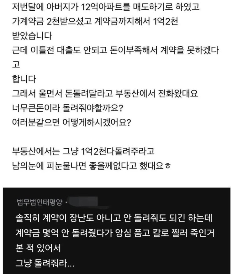  1억대 계약금 돌려줄까말까 고민하는 블라인.jpg