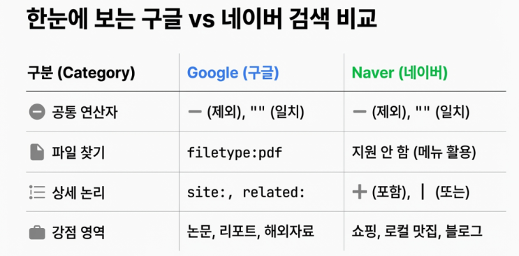  구글,네이버 검색 잘하는 방법.. 구글, 네이버 검색 비법 가이드  "구글 vs 네이버 상세검색 비교