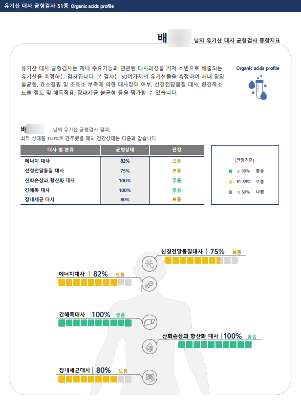  배00님 소변 유기산 대사 균형검사 결과 & 영양제 추천하기