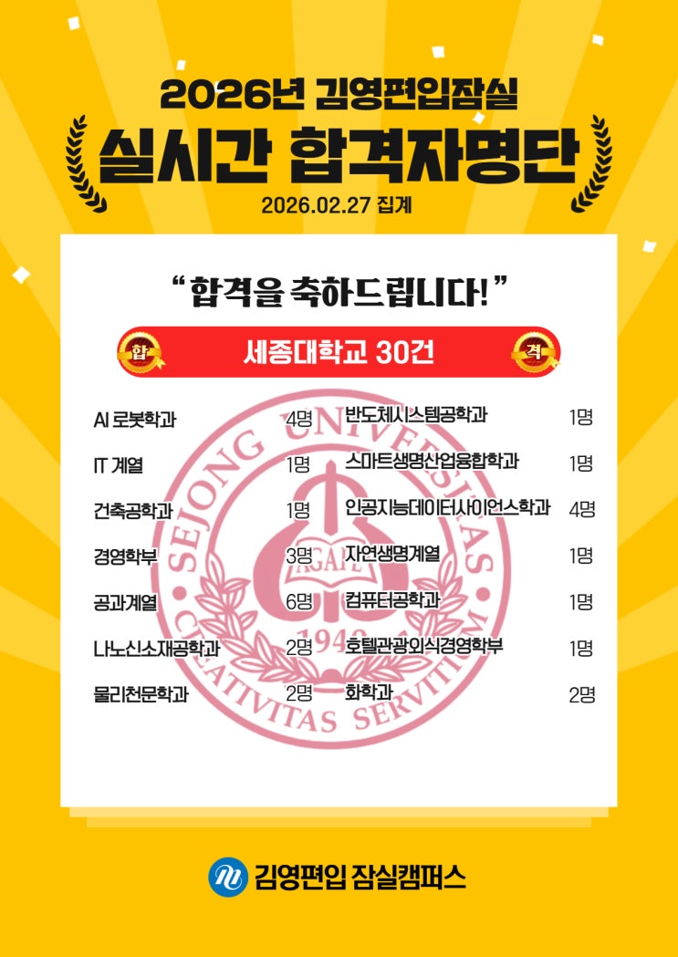  김영편입 잠실_26대비 실시간 합격_세종대학교