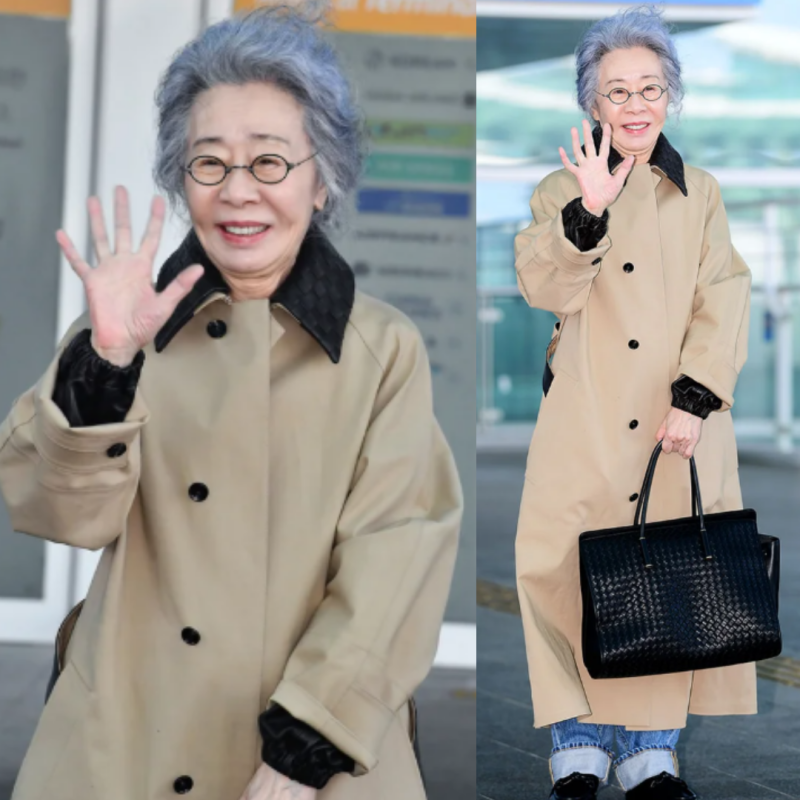 "이게 80세라고?" 윤여정, 80세 최고령 공항패션 트렌치코트로 완성한 클래스
