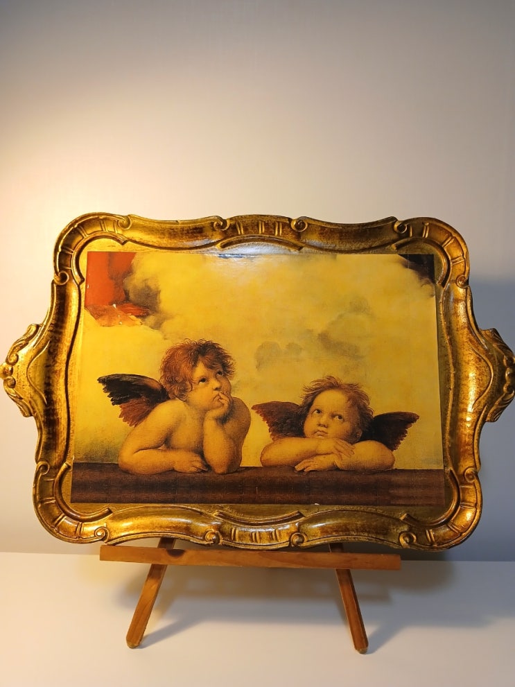  (소장품)1980년대 이태리 피렌체 플로렌틴 Florentine 라파엘로 아기천사  명화트레이(55cm×35cm)특대형 인테리어 오브제