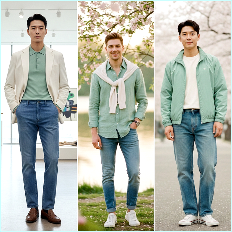  남자 봄 코디, 피스타치오 그린 & 에크루로 완성하는 싱그러운 남친룩