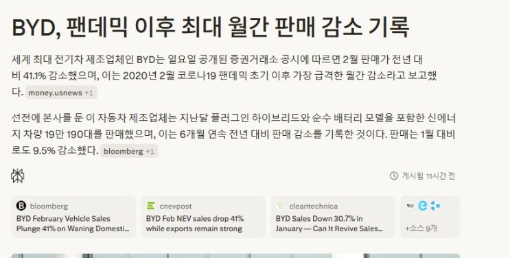  BYD, 2월 판매량 급락, 전년 대비 41% 감소