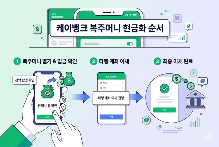  케이뱅크 복주머니 현금화, 타행 이체로 끝내는 순서 있더라고요