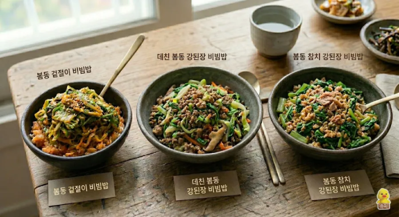 입맛 살리는 봄동 비빔밥 3종 레시피, 생으로 데쳐서 지져서 봄동 활용법!