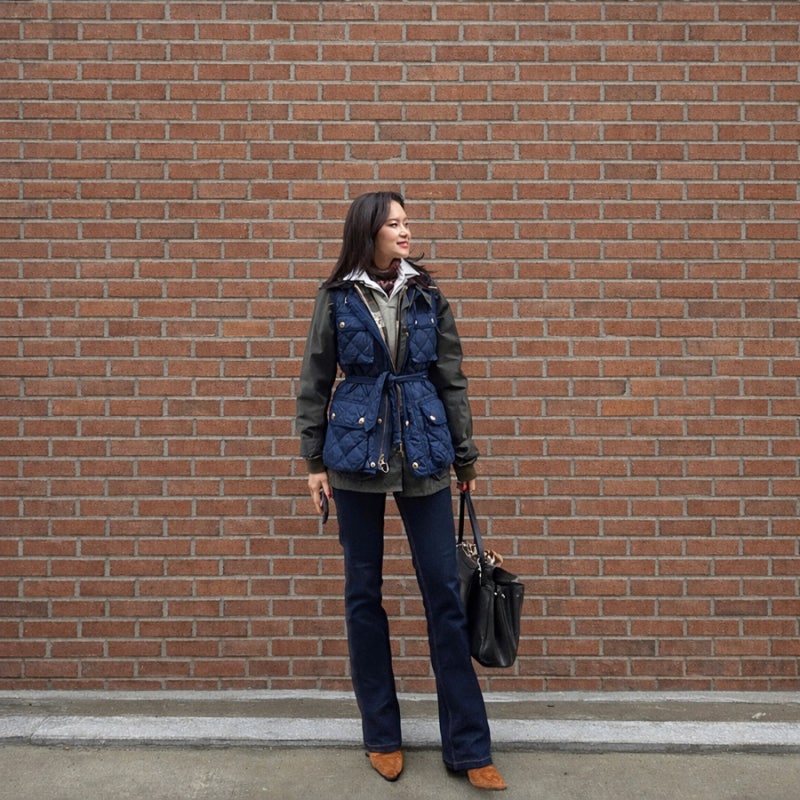 [OOTD]바버자켓 코디 여자 추천 폴로 퀼팅조끼 레이어드로 완성한 봄 바버 코디