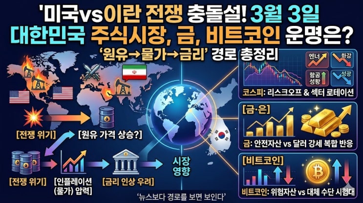 이란–미국 충돌로 3월 3일 이후 대한민국 주식·금·비트코인 어떻게 움직일까? 원유→물가→금리 ‘경로’로 정리 (해외 주요 뉴스 분석)
