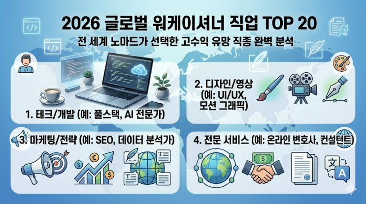  2026 글로벌 워케이셔너 직업 TOP 20: 전 세계 노마드가 선택한 고수익 유망 직종 완벽 분석