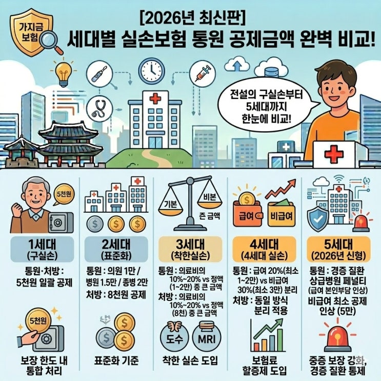  2026년 1~5세대 실손보험 통원치료비(외래/약값) 공제금액 완벽 비교