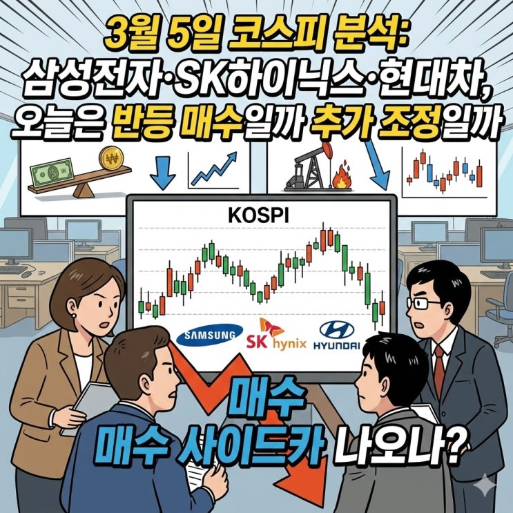  3월 5일 코스피 분석: 삼성전자·SK하이닉스·현대차, 오늘은 반등 매수일까 추가 조정일까 (매수 사이드카 발동할까)