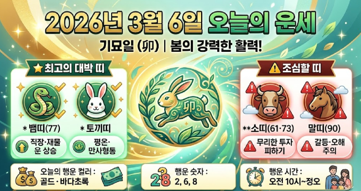  3월 6일 오늘의 운세 뱀띠·토끼띠 대박 vs 소띠·말띠 조심! 직장인, 육아맘, 자영업자분들의 오늘의 운세 정리~!