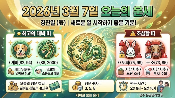  3월 7일 오늘의 운세, 개띠 ‘금전운과 연애운 최고’, 토끼띠와 소띠는 ‘지갑 사수’ 하세요!