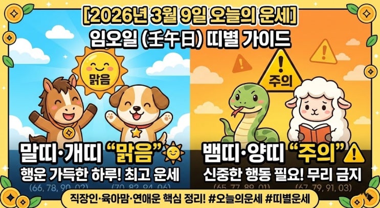  [3월 9일 오늘의 운세] 말띠,개띠는 '맑음',  뱀띠,양띠는 '주의' 임오일 띠별 가이드