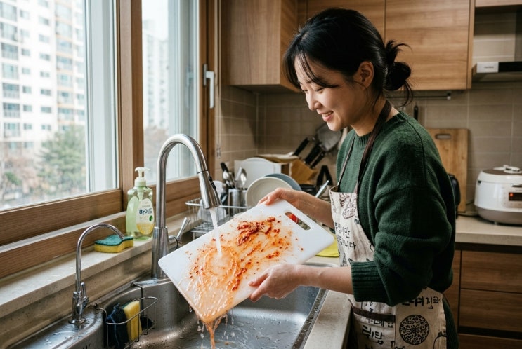  [살림 꿀팁] 도마 김치 국물 자국, 락스 없이 '굵은소금'으로 하얗게 지우는 법