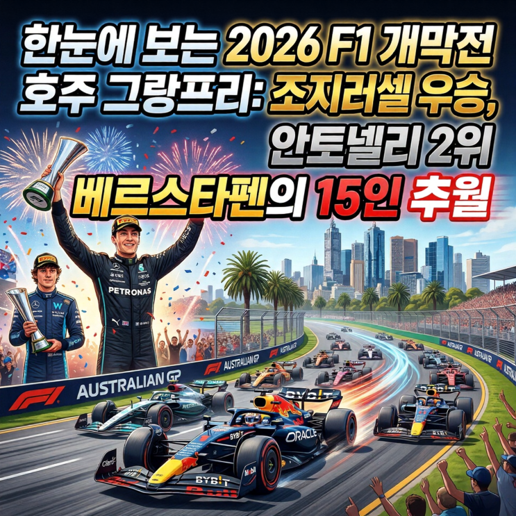  한눈에 보는 2026 F1 개막전 호주 그랑프리: 안토넬리 2위 데뷔와 베르스타펜의 15인 추월