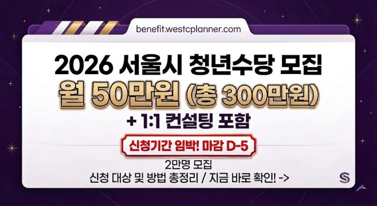  마감임박! 2026 서울시 청년수당 2만명 모집, 월 50만원 총 300만원 + 1:1 컨설팅 마감 D-5