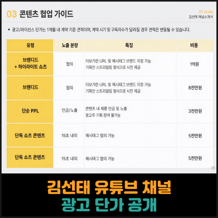  김선태 유튜브 채널 광고 단가 공개