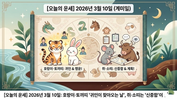  [오늘의 운세] 2026년 3월 10일: 호랑이·토끼띠 '귀인이 찾아오는 날', 쥐·소띠는 '신중함'이 필수!