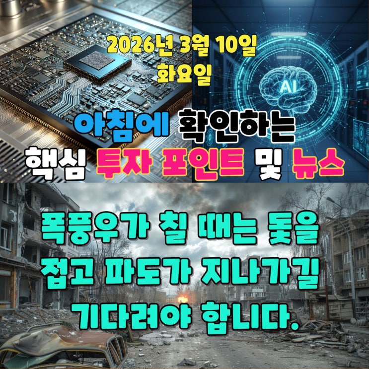  2026년 3월 10일(화) 핵심 투자 포인트 및 뉴스(폭풍우가 칠 때는 돛을 접고 파도가 지나가길 기다려야 합니다.)