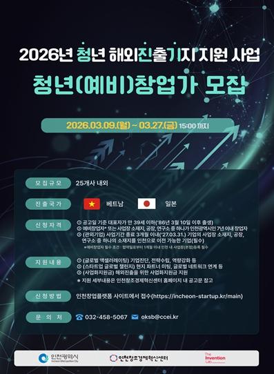 인천 청년 창업가, 일본·베트남으로 간다… ‘청년 해외진출기지 지원사업’ 모집