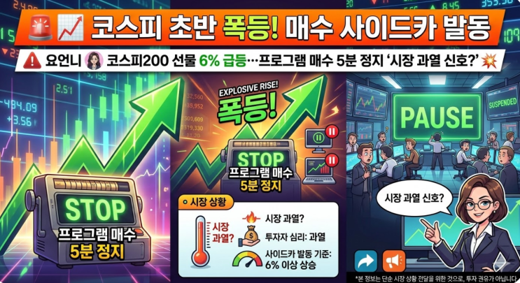 매수 <b>사이드카</b> 발동요언니 <b>코스피</b>200 선물 +6.14% <b>급등</b>... 