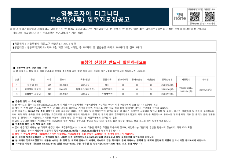  영등포자이 디그니티 사후무순위 59타입 84 타입 분양가 청약신청일