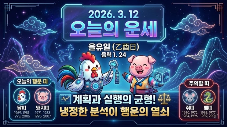  2026년 3월 12일 운세 : 닭띠와 돼지띠는 균형 잡고 냉철하게, 행운을 잡는 날~!