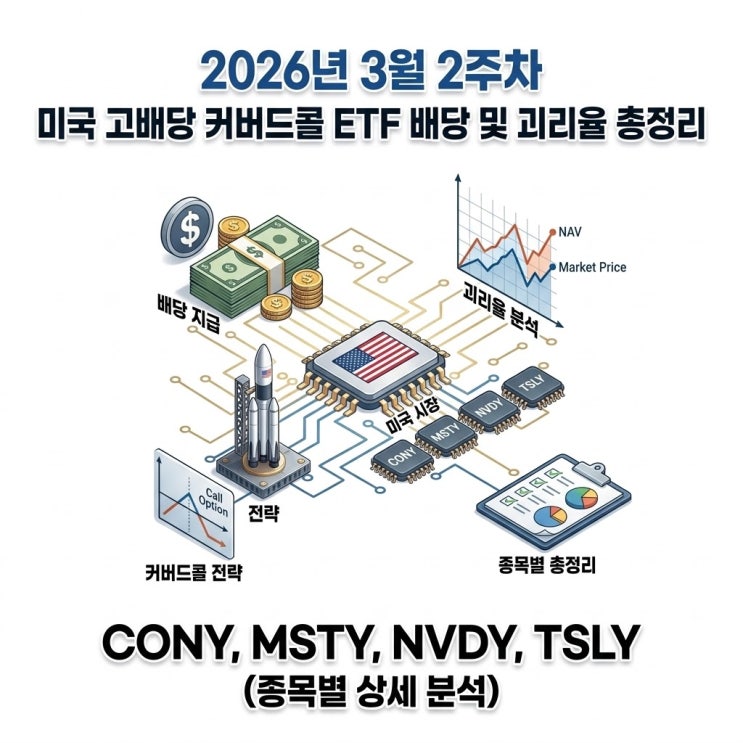  26년 3월 2주차 미국 일드맥스 고배당 커버드콜 ETF 배당 정보 및 괴리율 총정리(CONY MSTY NVDY TSLY)