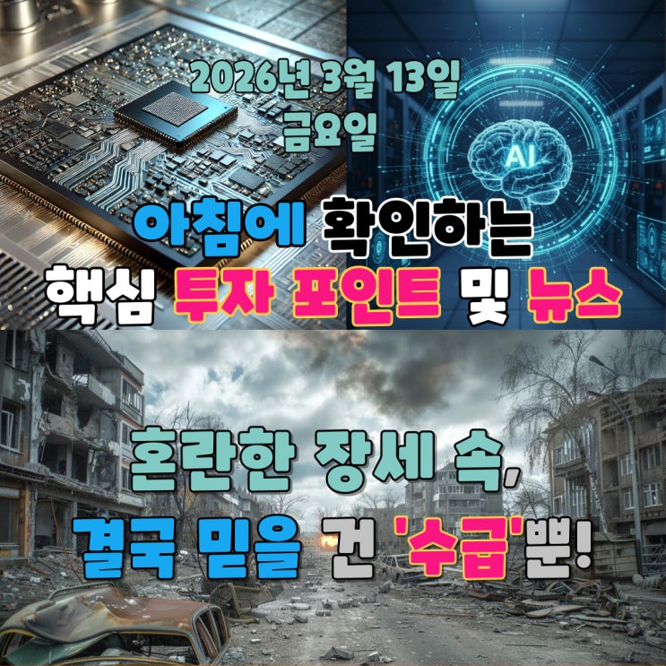  2026년 3월 13일(금) 핵심 투자 포인트 및 뉴스(혼란한 장세 속, 결국 믿을 건 '수급'뿐!)