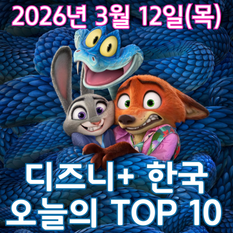  [3월 12일] 디즈니+ 한국 TOP 10 - '주토피아 2' 디즈니+ 상륙