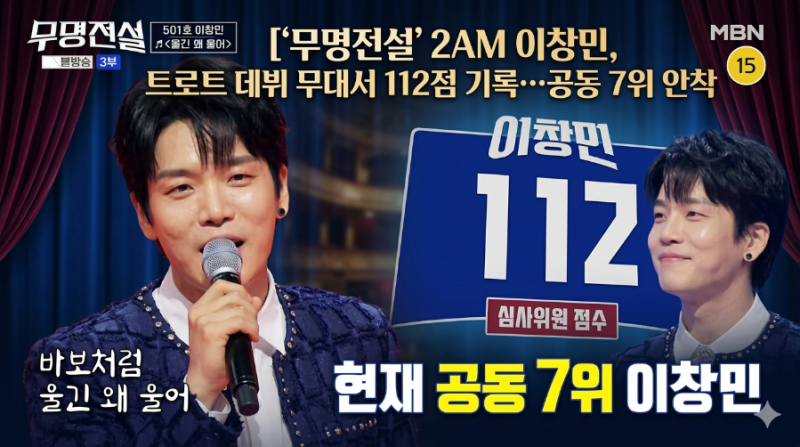 '무명전설' 2AM 이창민, 트로트 데뷔 무대서 112점 기록…공동 7위 안착