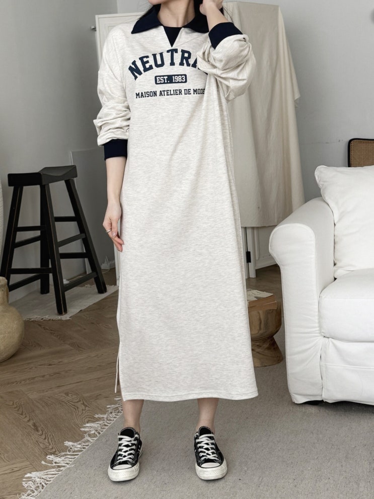  여자 카라 롱 원피스 추천 루즈핏 영문 나염 배색 캐주얼 데일리룩 코디