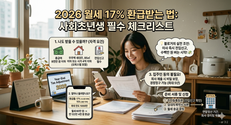  [2026] 월세 17% 환급받는 법: 사회초년생이 꼭 챙겨야 할 '월세 세액공제'
