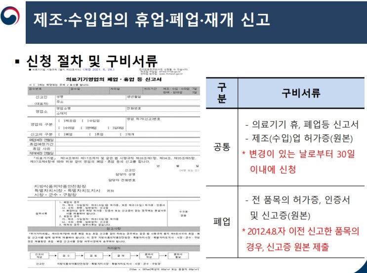  의료기기 제조업(수입업)의 휴업절차 및 검토사항