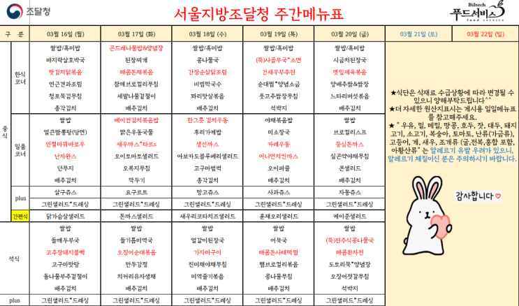  서울지방조달청 구내식당 식단표/강남 점심추천(3월 16일~3월 20일)