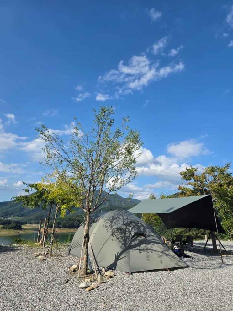  캠핑 17회차(충주 충주호  더쉼 캠핑장):뷰가 끝내줬던 곳, 노키즈 캠핑장, 개별 화장실, 사이트 후기
