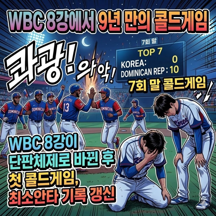  WBC 단판 8강 체제 첫 콜드게임… 한국, 2안타로 최소 안타 기록까지 남겼다