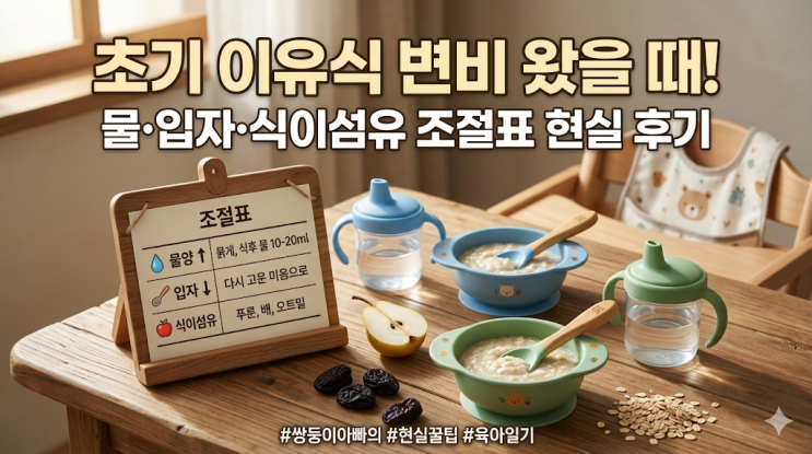  초기 이유식 변비 왔을 때: 쌍둥이 아빠의 물양, 입자, 식이섬유 조절표 현실 후기