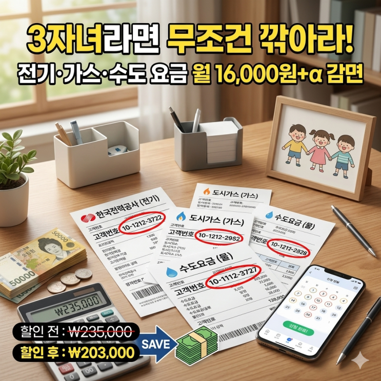  [다자녀 요금할인 신청] 3자녀 전기 가스 수도 요금 감면 현실 후기와 필수 준비물