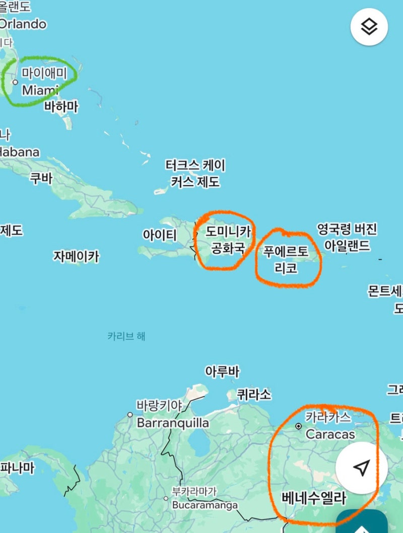 푸에르토리코, 베네수엘라, 도미니카공화국 위치 세계지도, 인구, 1인당GDP 등