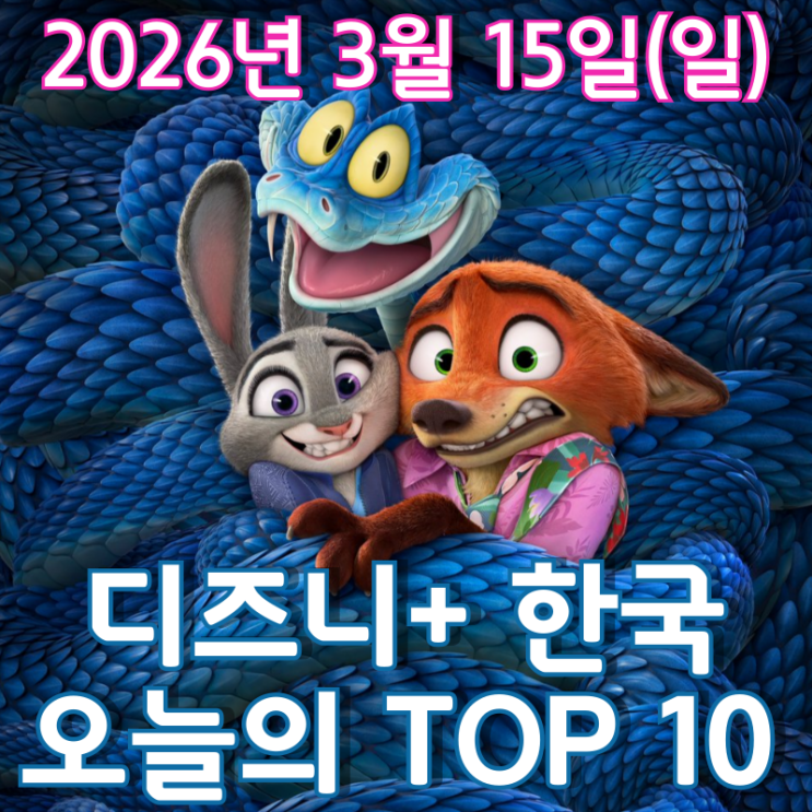  [3월 15일] 디즈니+ 한국 TOP 10 - '주토피아' 시리즈 동반 인기몰이