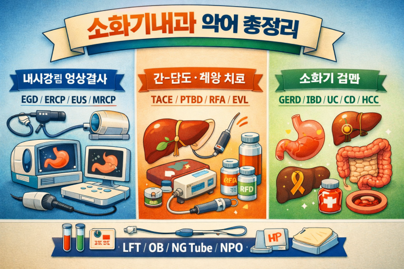 의학용어 소화기내과 EGD ERCP EUS FNA CTAP MRCP TACE PTBD RFA EVL PEIT GERD IBD UC CD HCC PUD HBV HCV LFT OB