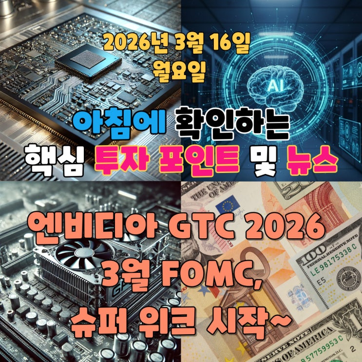  2026년 3월 16일(월) 핵심 투자 포인트 및 뉴스(엔비디아 GTC 2026 개막과 3월 FOMC, 슈퍼 위크 시작~)