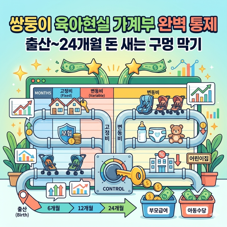  쌍둥이 육아 가계부 엑셀 템플릿, 출산부터 24개월 고정비 변동비 현실 기록