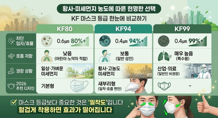  [꿀팁] 2026 황사,미세먼지 대비! KF94 마스크 선택 가이드 및 착용법