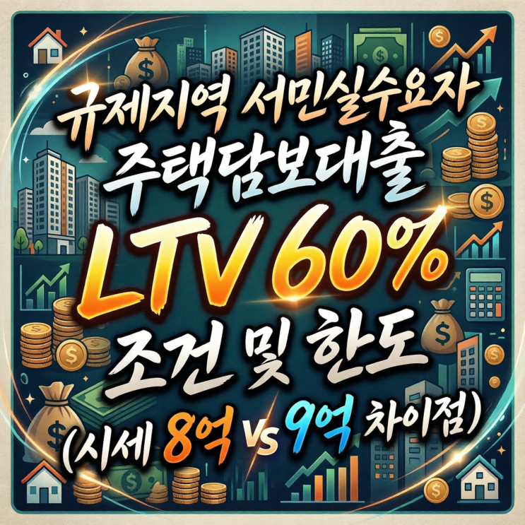  규제지역 서민실수요자 주택담보대출 LTV 60% 조건 및 한도 (시세 8억 vs 9억 차이점)