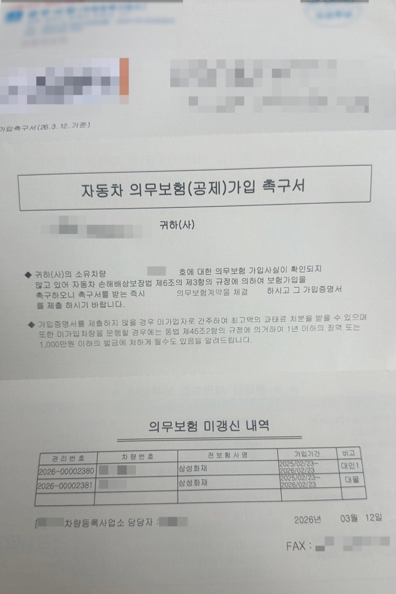 “자동차 보험 갱신 놓침‼️” 의무보험가입 촉구서 날아왔어요 (해결방법)