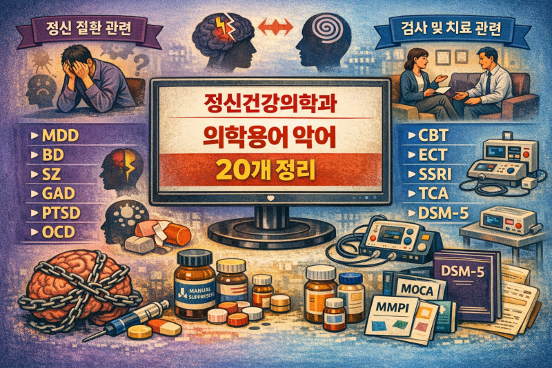 의학용어 정신건강의학과 MDD BD SZ GAD PTSD OCD ADHD SAD PD SUB CBT DBT ECT SSRI SNRI TCA BZD MOCA MMPI DSM-5
